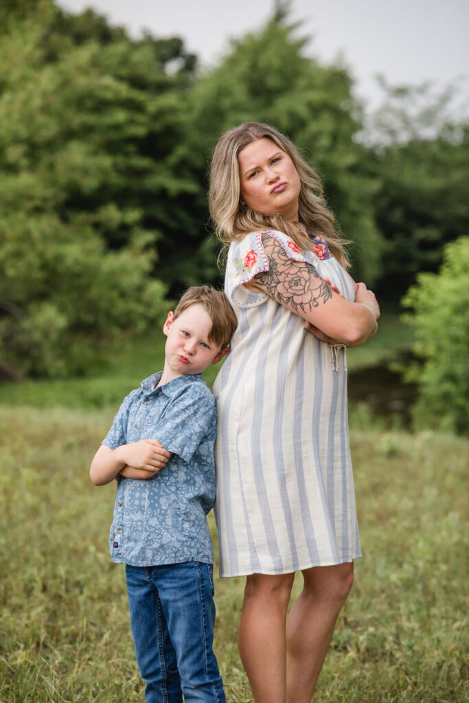 Outdoor North Texas family photos in a pasture; mother and son